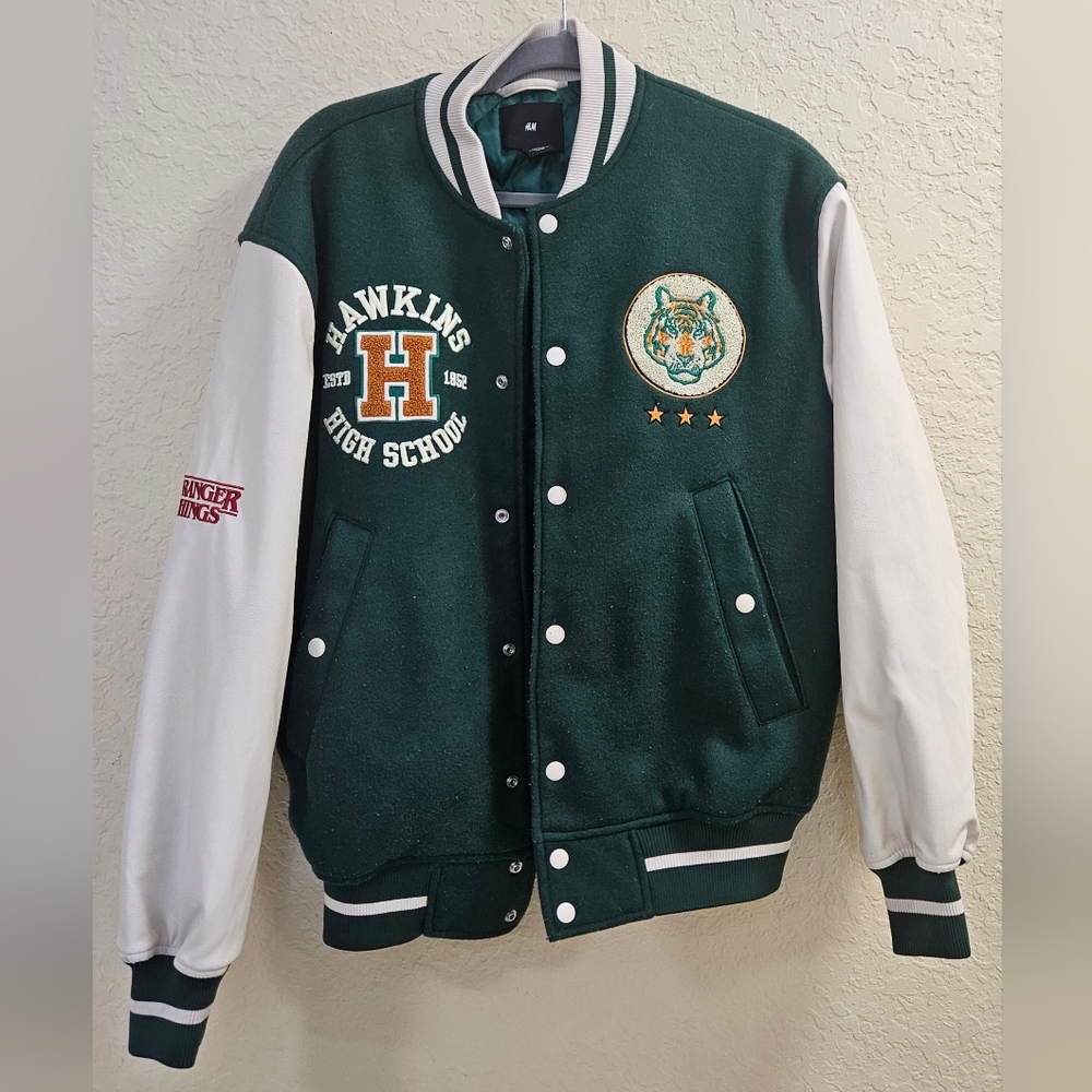 H&M Dark Green and White Varsity Jacket